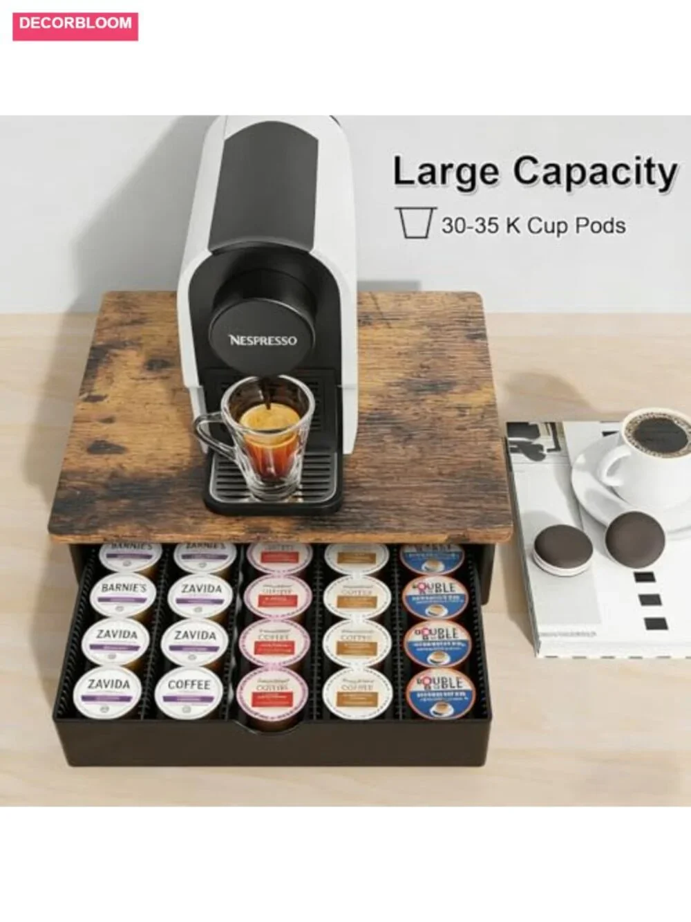 Wood Vertuo Pod Holder Drawer, 40 Large or 60 Small Capsules, No Assembly Needed